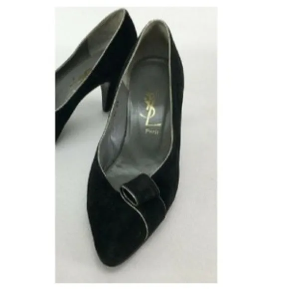 1960's YSL size 35 EU black suede 3" kitten heels w silver trim