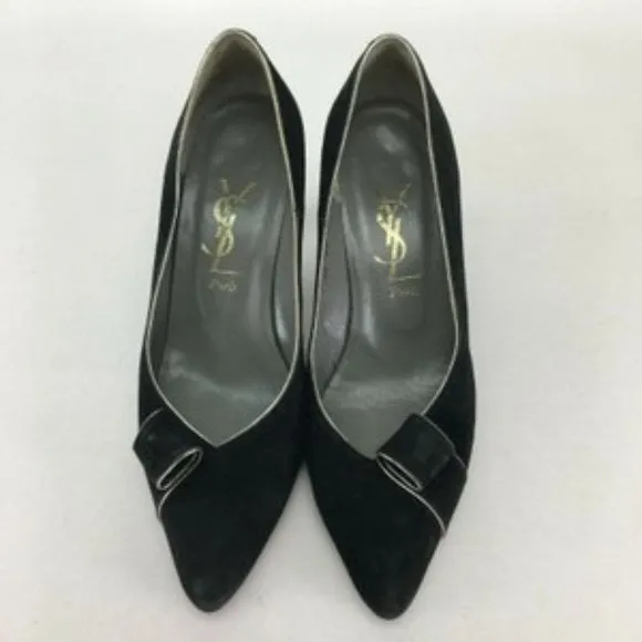 1960's YSL size 35 EU black suede 3" kitten heels w silver trim