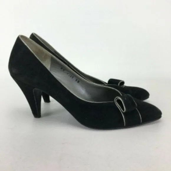 1960's YSL size 35 EU black suede 3" kitten heels w silver trim