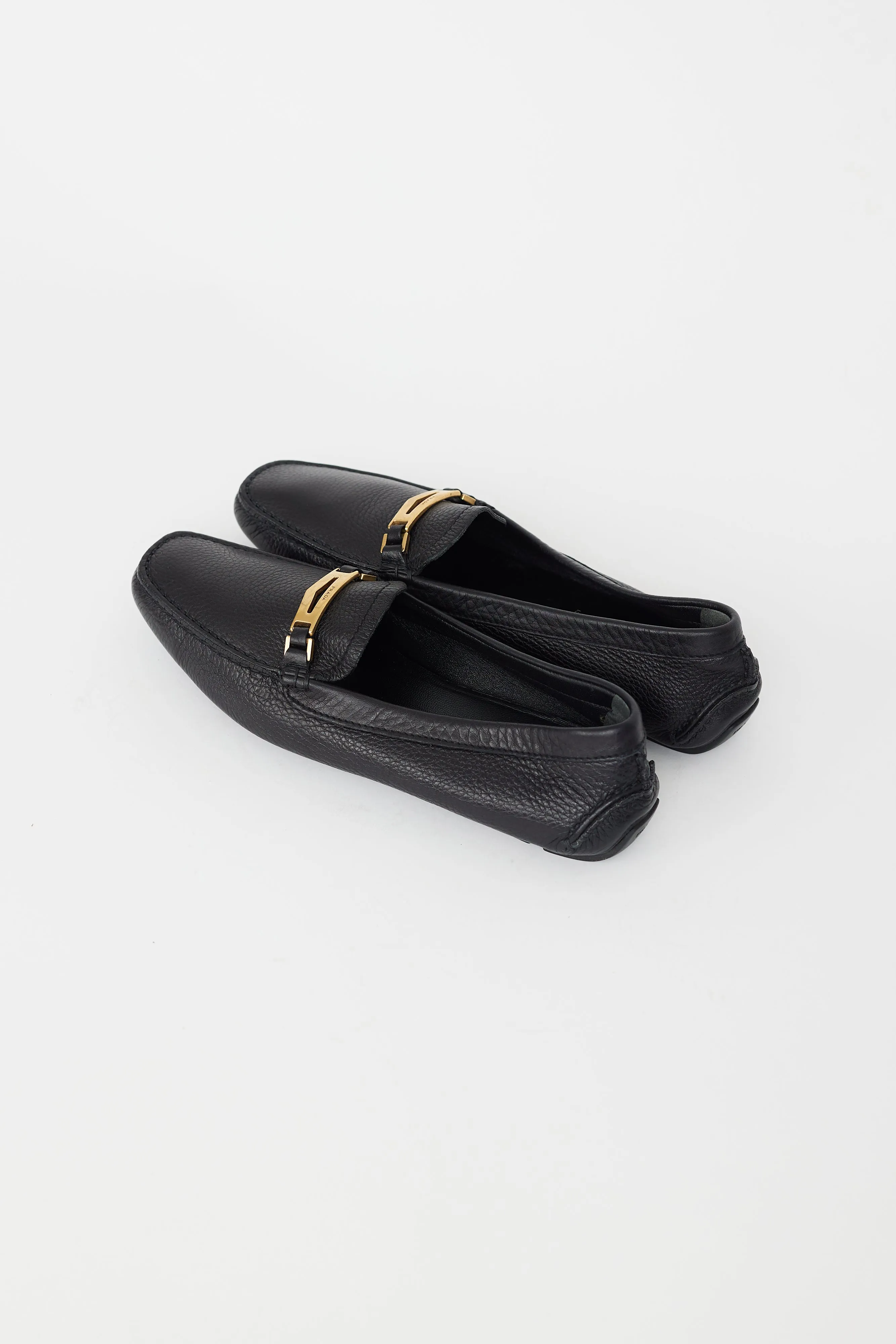 Black Pebbled Leather Gold Plaque Loafer