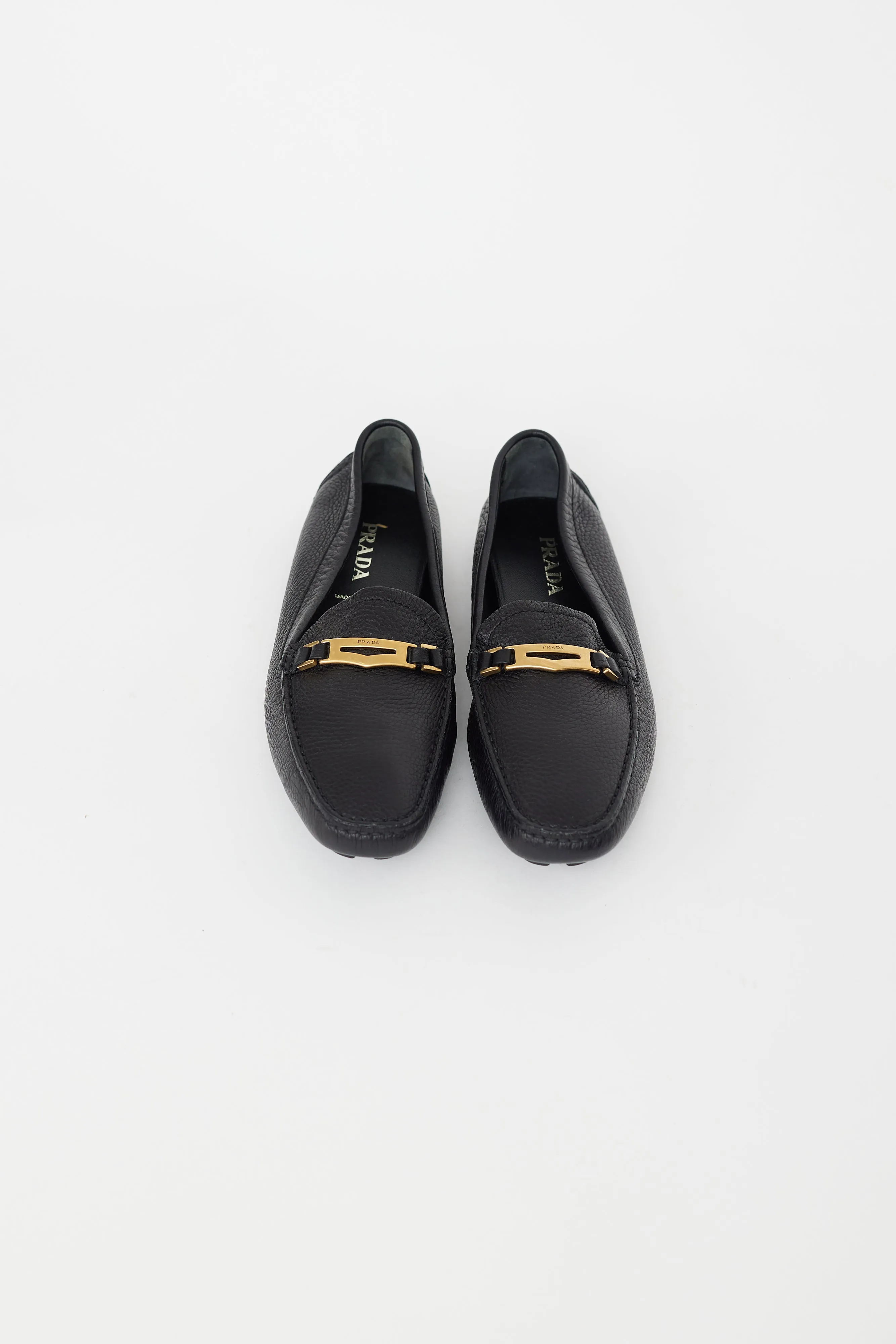 Black Pebbled Leather Gold Plaque Loafer