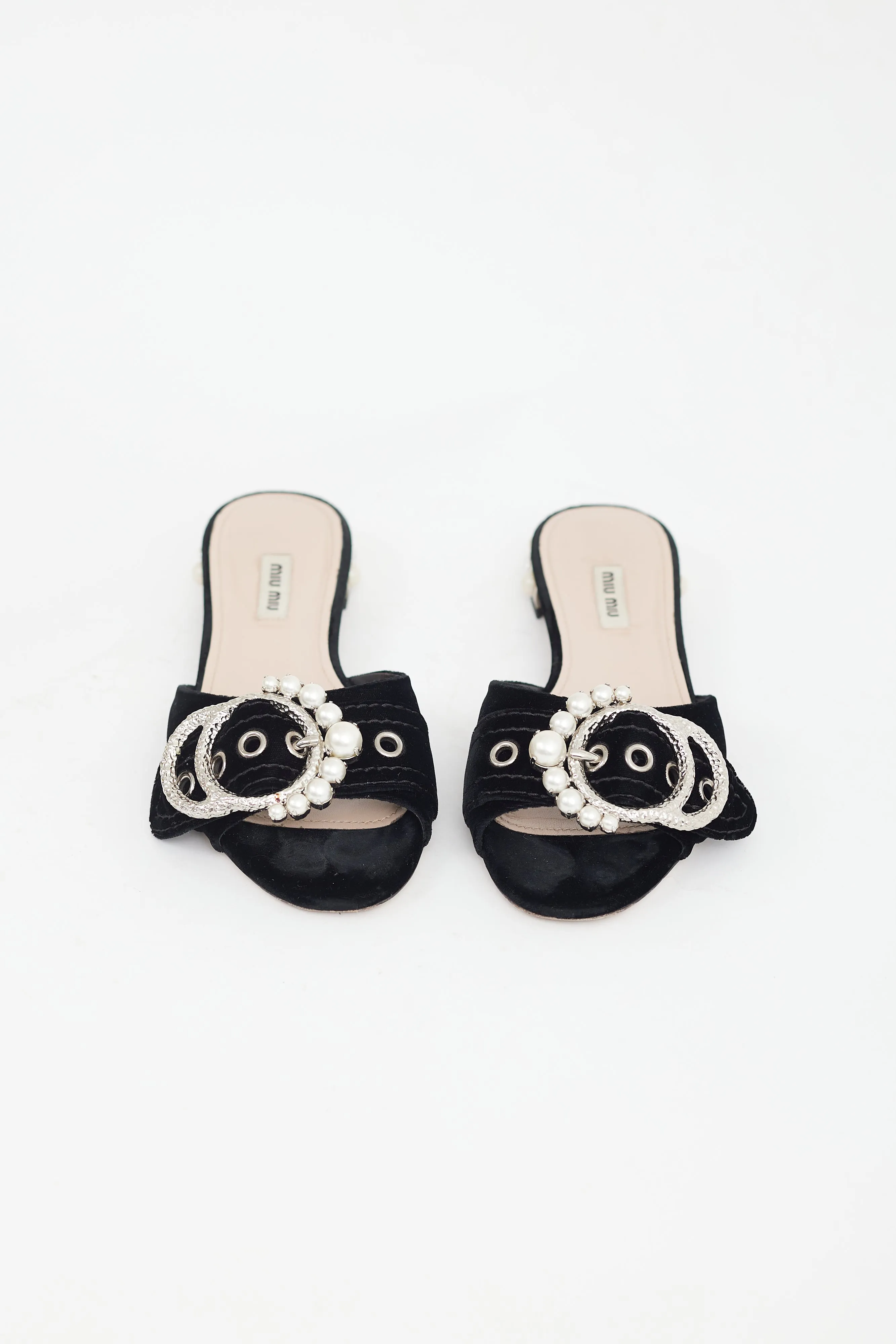 Black Velvet Pearl Buckle Mule