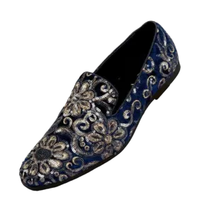 Blue and Gold Sequin Loafers Luxury Design Men's Slip-on Dress Shoes