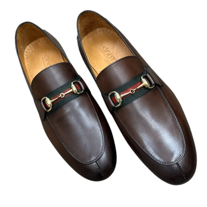 Brown Men's Loafers Slip-on Dress Shoes Gold Buckle Green and Red Stripes Style No:6525