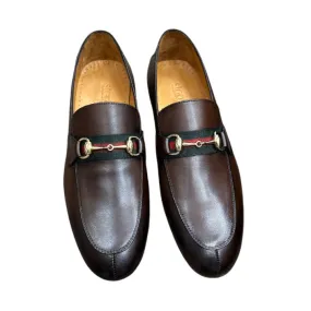 Brown Men's Loafers Slip-on Dress Shoes Gold Buckle Green and Red Stripes Style No:6525