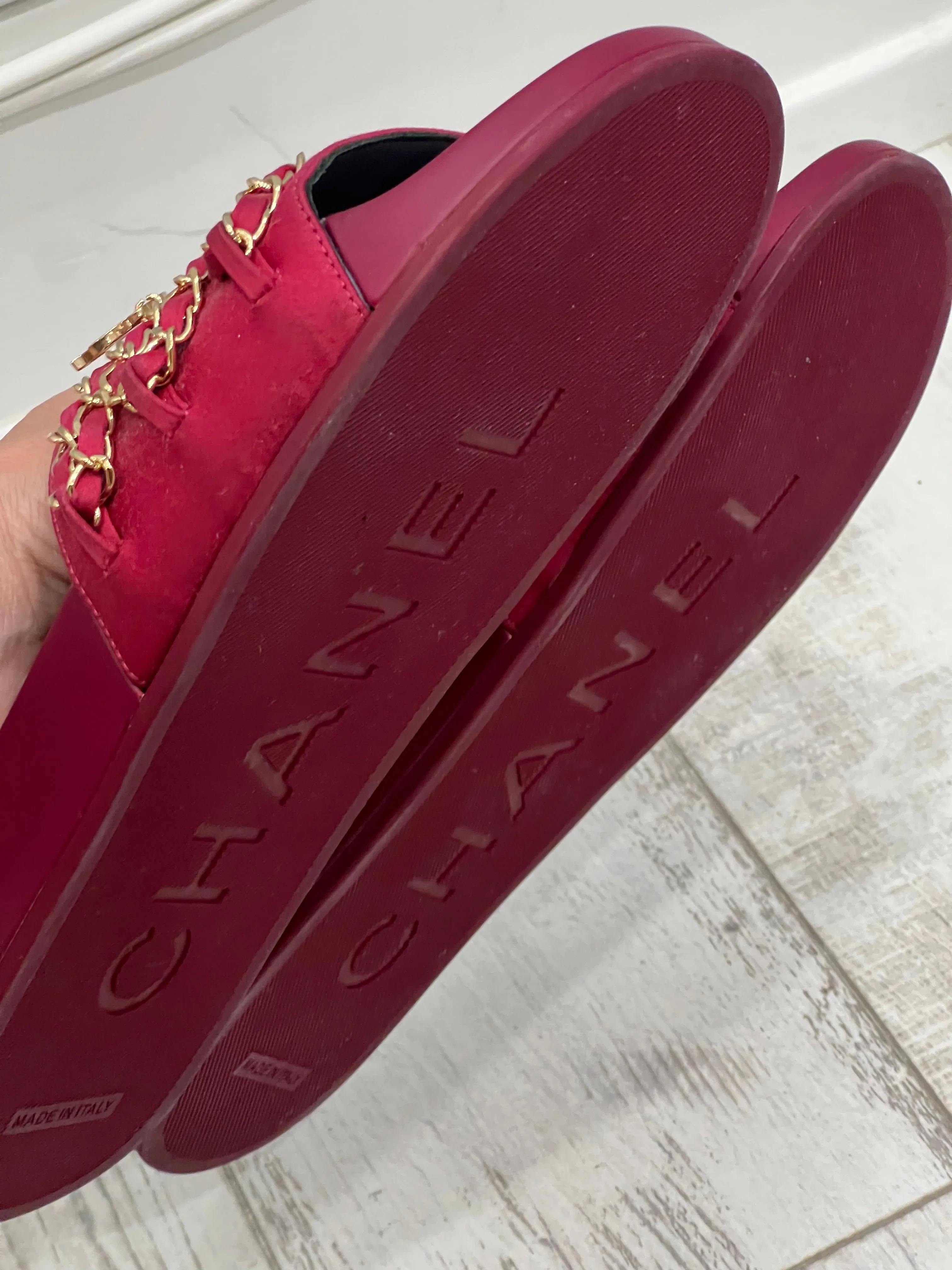 CHANEL SATIN CHAIN SLIDE MULES