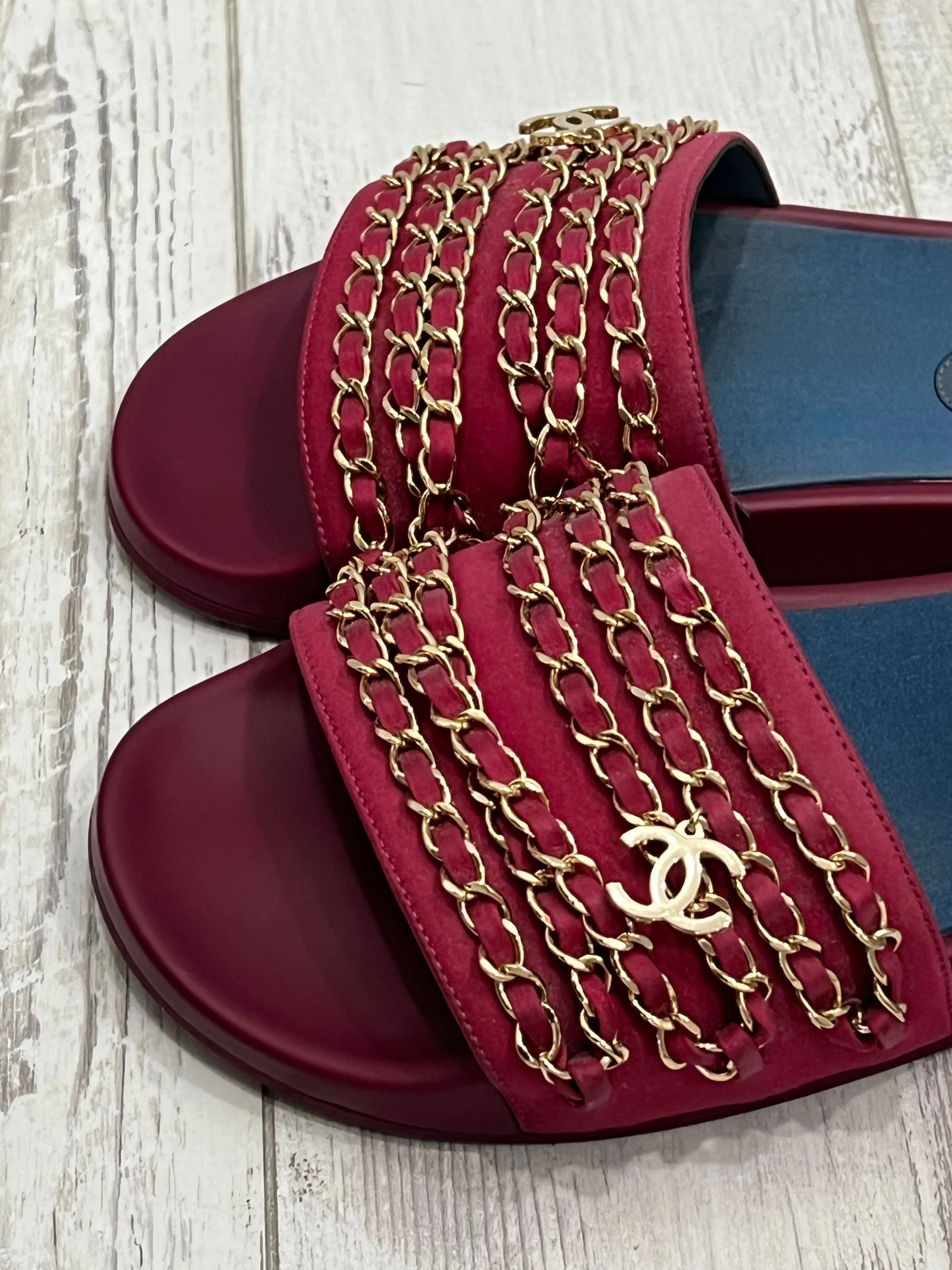 CHANEL SATIN CHAIN SLIDE MULES