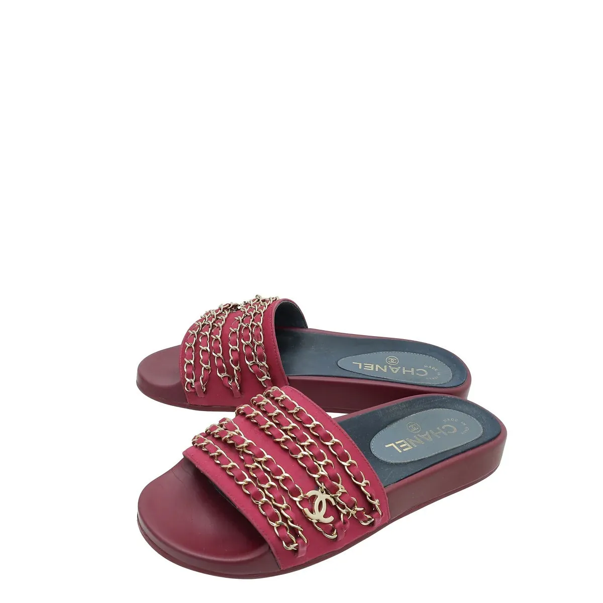 CHANEL SATIN CHAIN SLIDE MULES