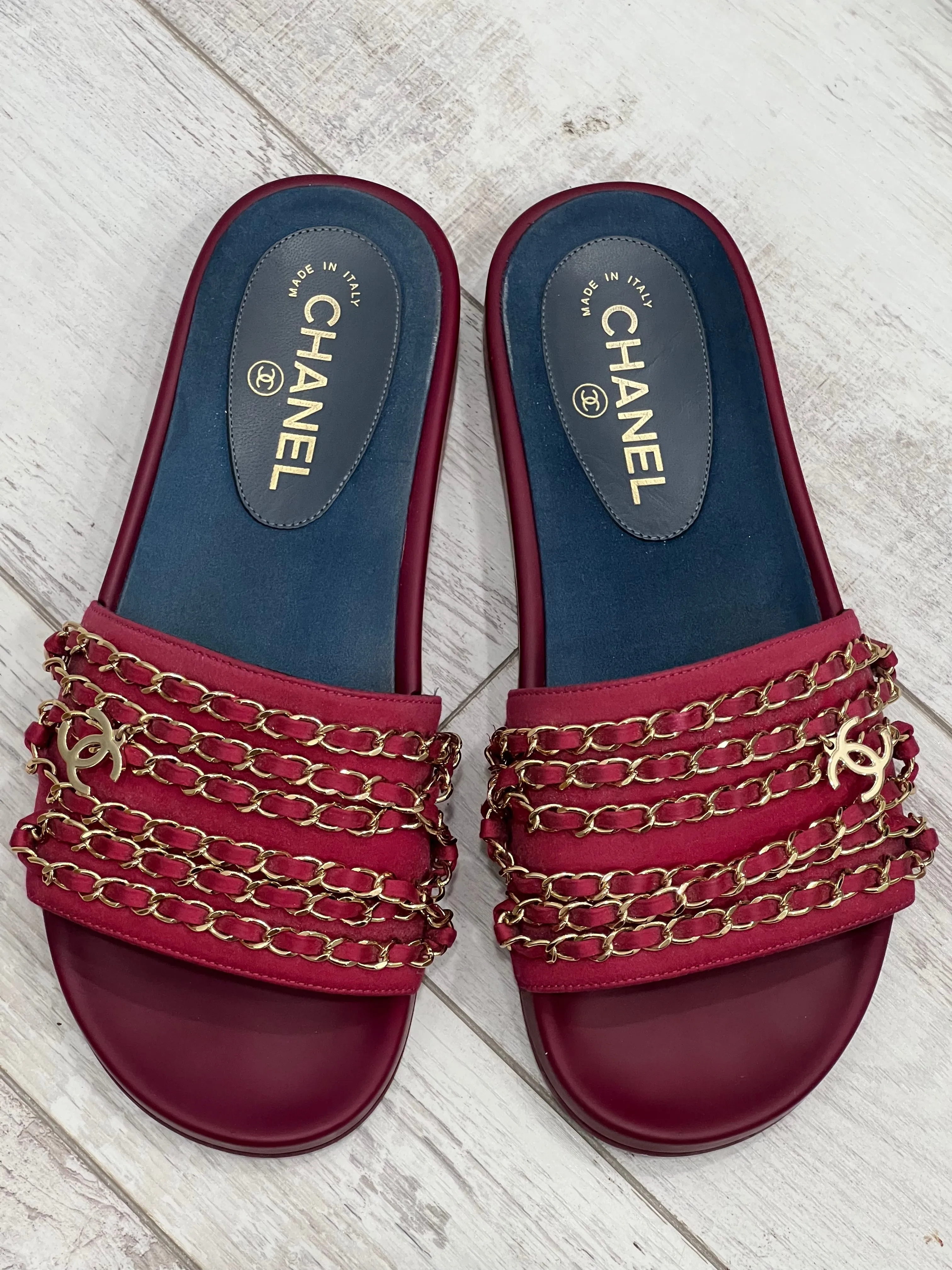 CHANEL SATIN CHAIN SLIDE MULES