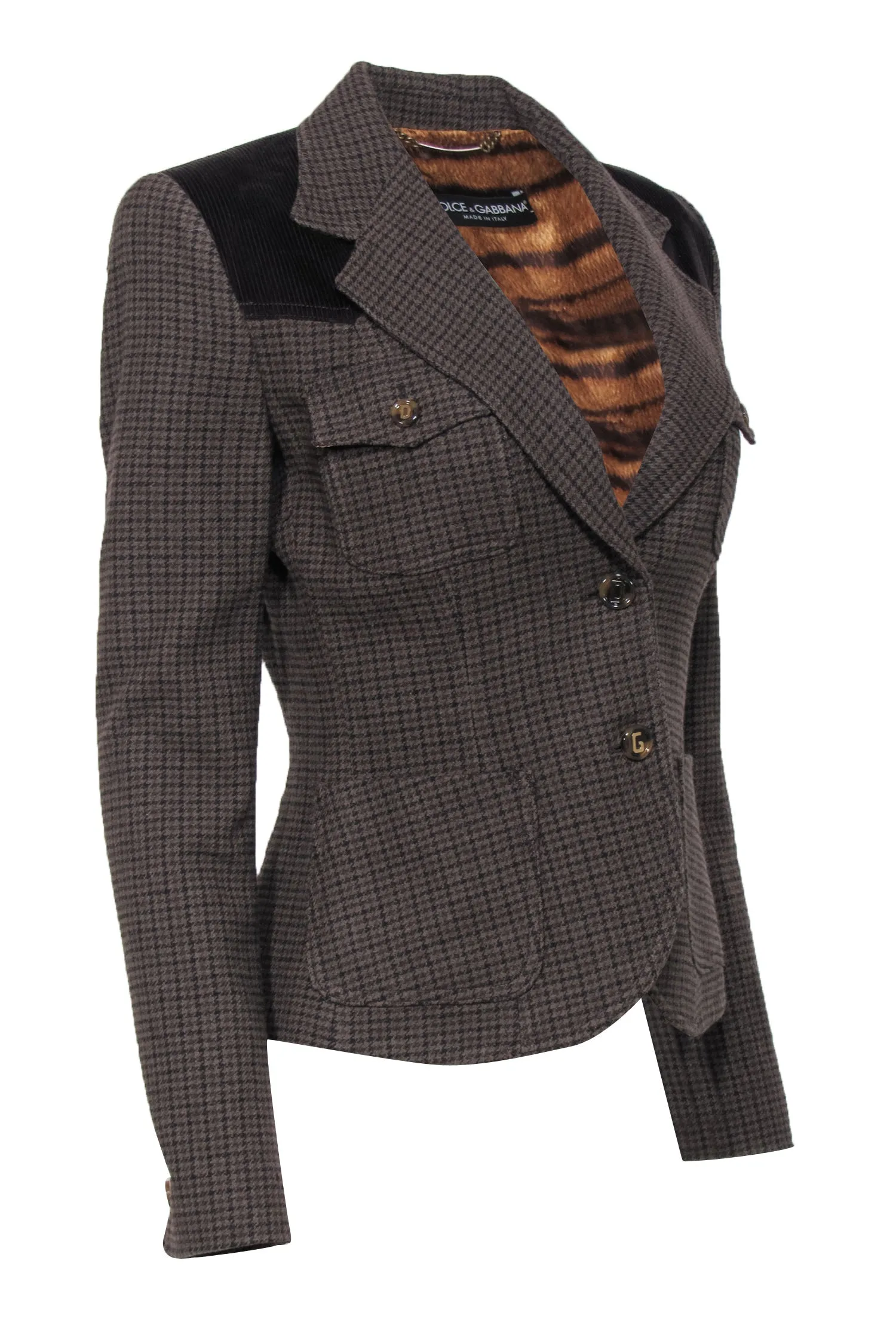 Dolce & Gabbana - Brown Herringbone Wool Blend Blazer w/ Accent Buttons Sz 6