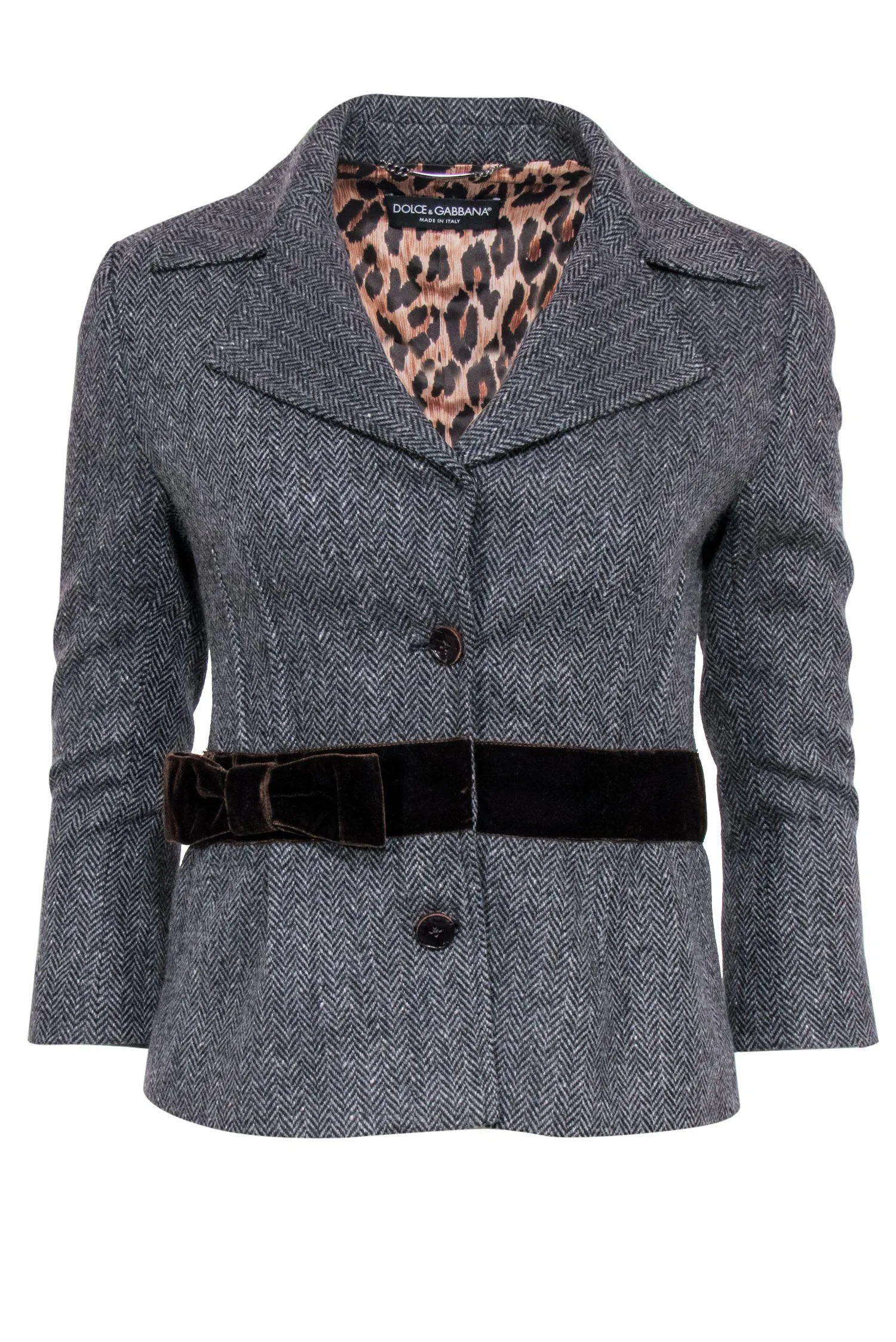 Dolce & Gabbana - Gray Herringbone Blazer w/ Velvet Trim & Bow Sz 6