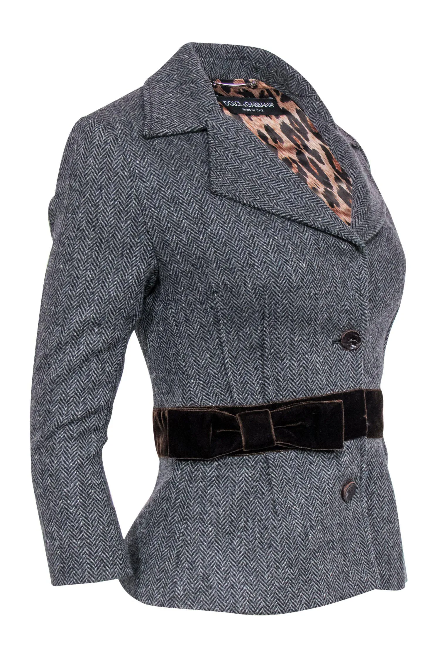 Dolce & Gabbana - Gray Herringbone Blazer w/ Velvet Trim & Bow Sz 6