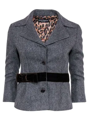 Dolce & Gabbana - Gray Herringbone Blazer w/ Velvet Trim & Bow Sz 6