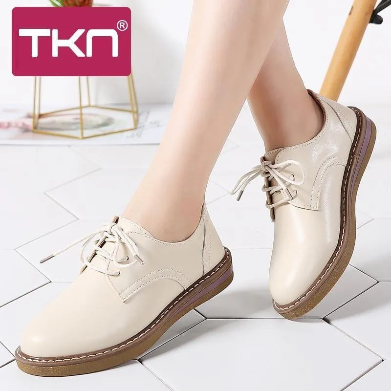 Genuine Leather Breathable Lace Up Oxford Flats