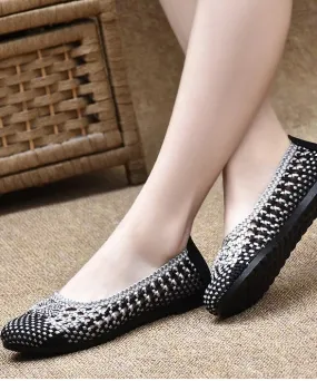 Handmade Pointed Toe Flat Shoes For Women Beige Coffee Knit Fabric Flats