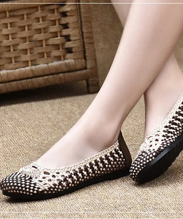 Handmade Pointed Toe Flat Shoes For Women Beige Coffee Knit Fabric Flats