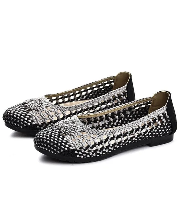 Handmade Pointed Toe Flat Shoes For Women Beige Coffee Knit Fabric Flats