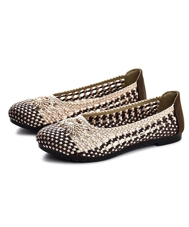 Handmade Pointed Toe Flat Shoes For Women Beige Coffee Knit Fabric Flats