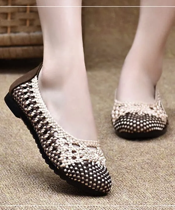 Handmade Pointed Toe Flat Shoes For Women Beige Coffee Knit Fabric Flats