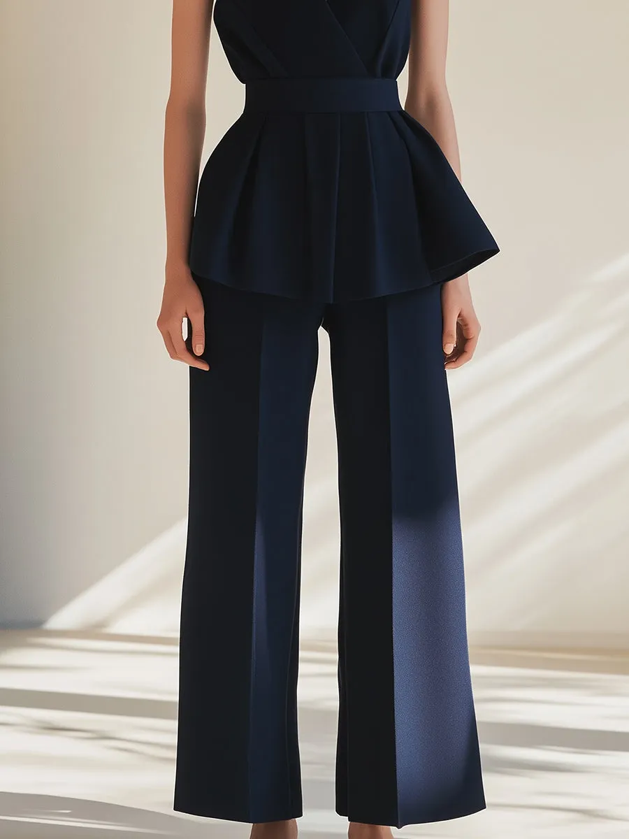 High-end Simple Navy Blue V-neck Sleeveless Set