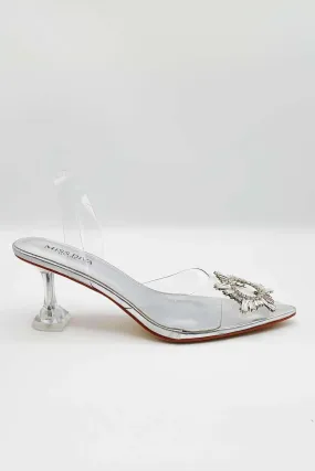 Leyra Diamante Brooch Slingback Perspex Court Shoes in Silver