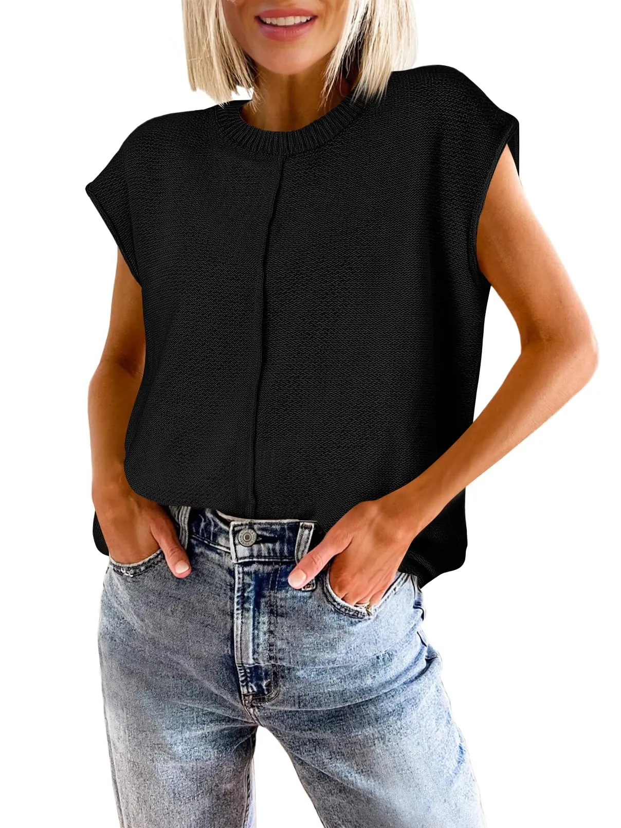 MEROKEETY Crewneck Cap Sleeve Lightweight Knit Sweater Vest