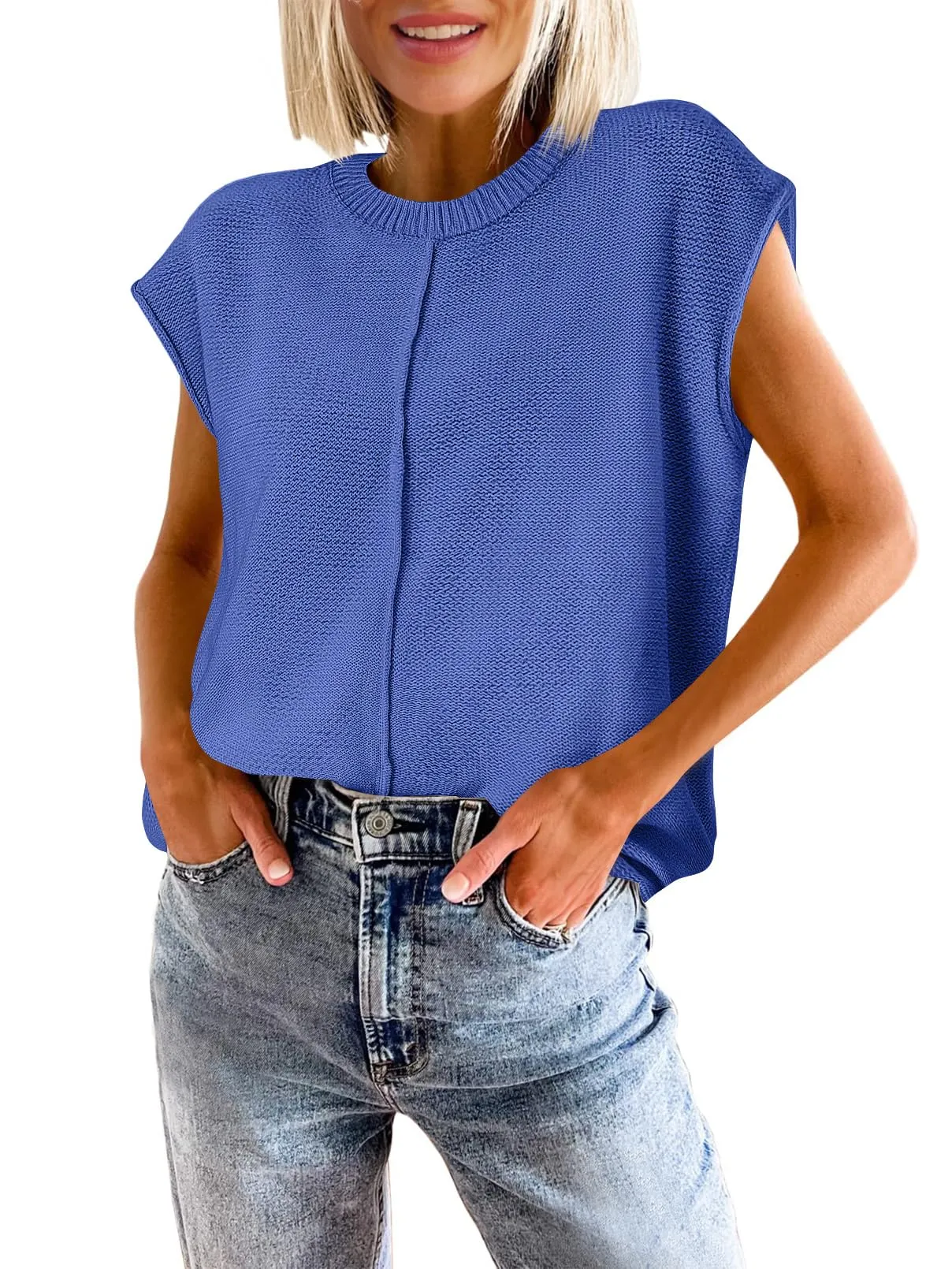 MEROKEETY Crewneck Cap Sleeve Lightweight Knit Sweater Vest
