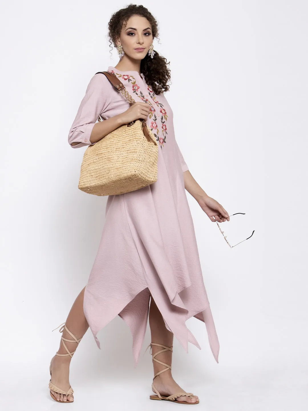 Pink Linen Triangle Dress With Buttons Embroidery