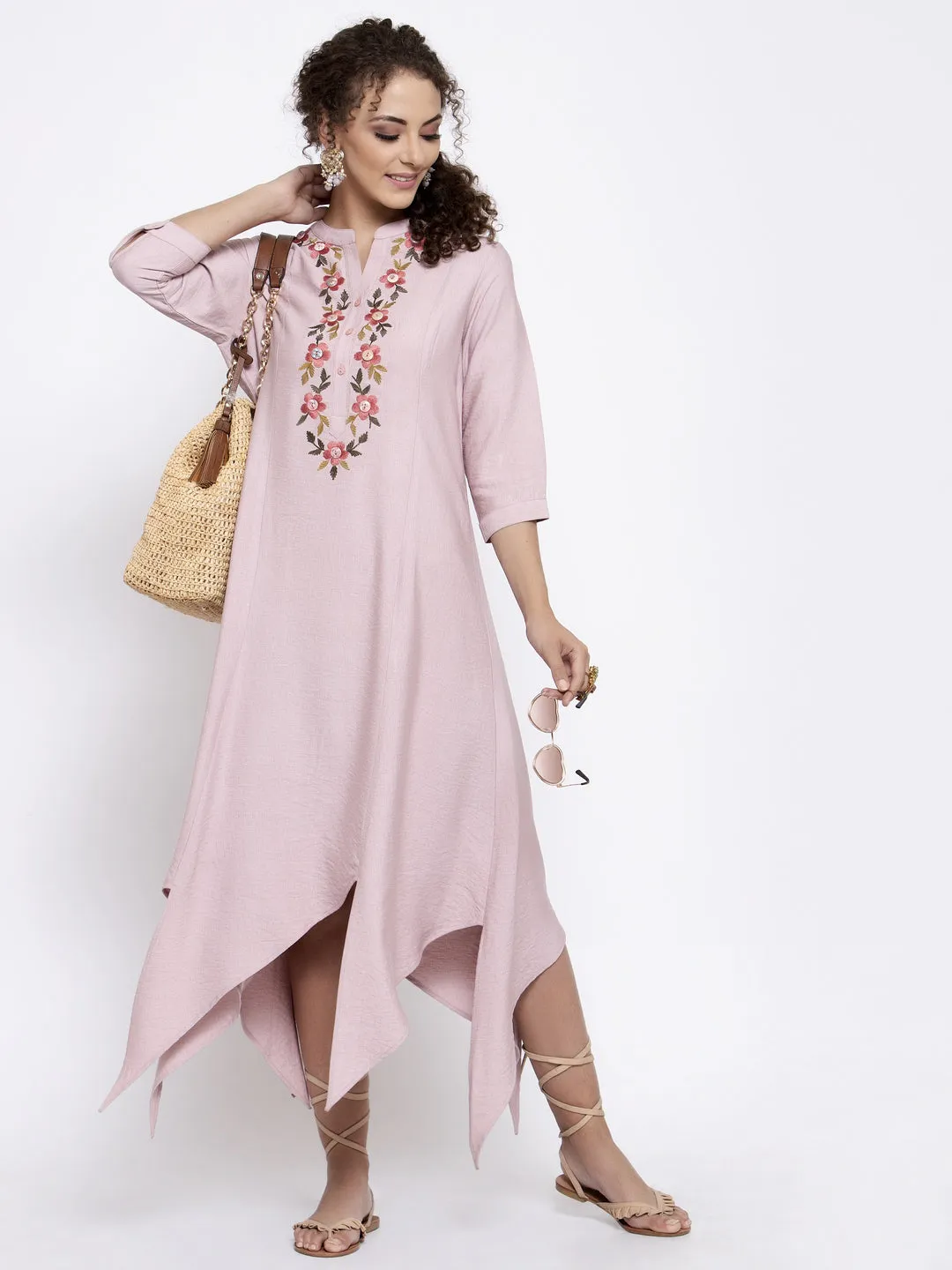 Pink Linen Triangle Dress With Buttons Embroidery