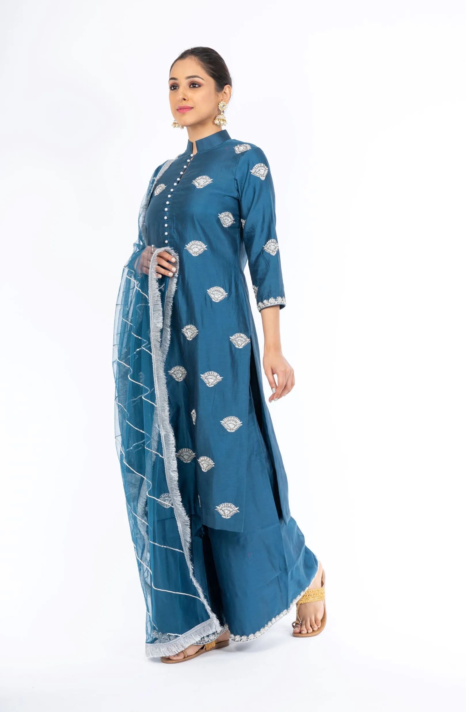 Stunning Classic Blue Chanderi Silk Kurta Set with Palazzo Pant and a Net Dupatta