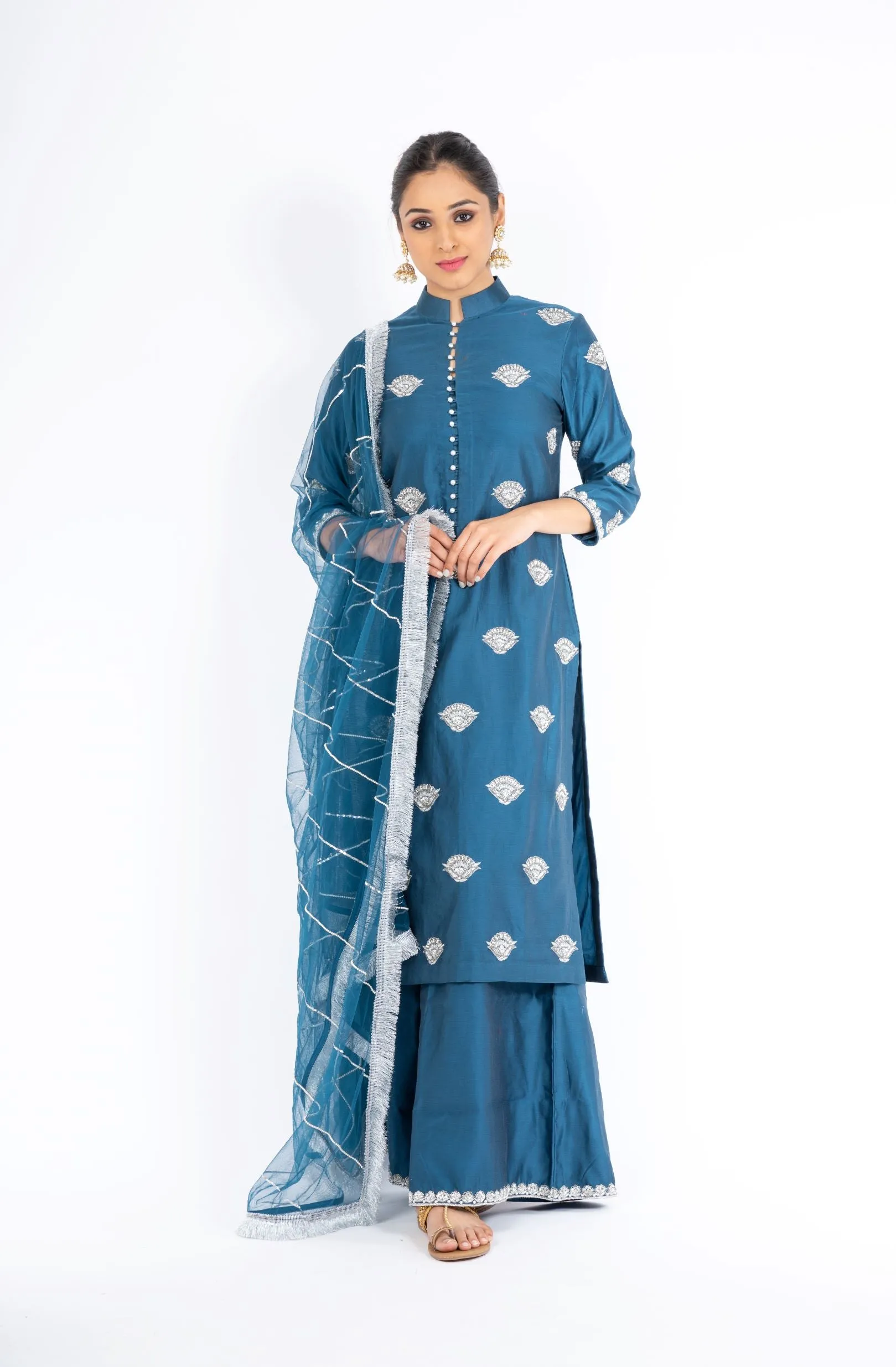 Stunning Classic Blue Chanderi Silk Kurta Set with Palazzo Pant and a Net Dupatta