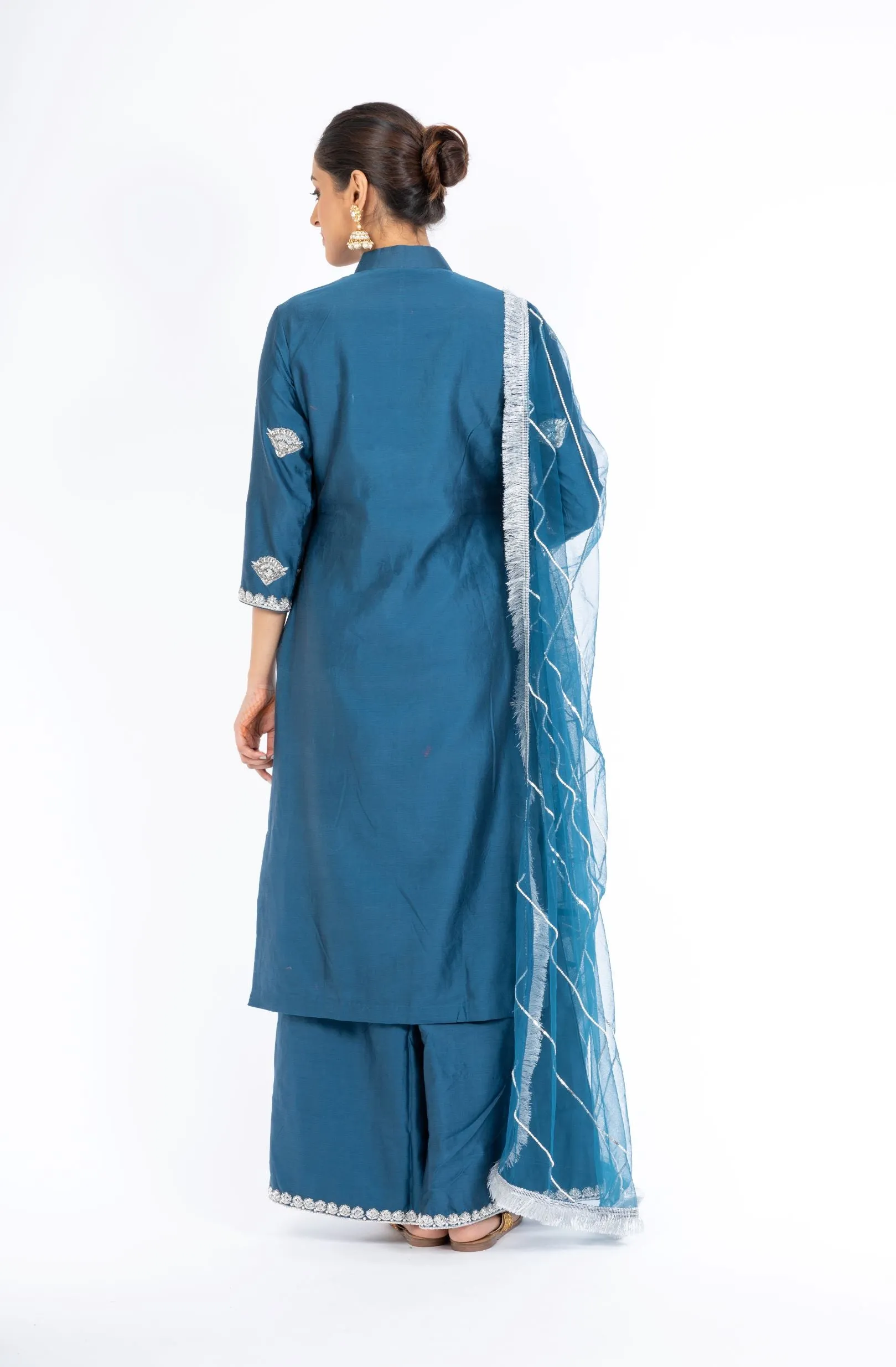 Stunning Classic Blue Chanderi Silk Kurta Set with Palazzo Pant and a Net Dupatta