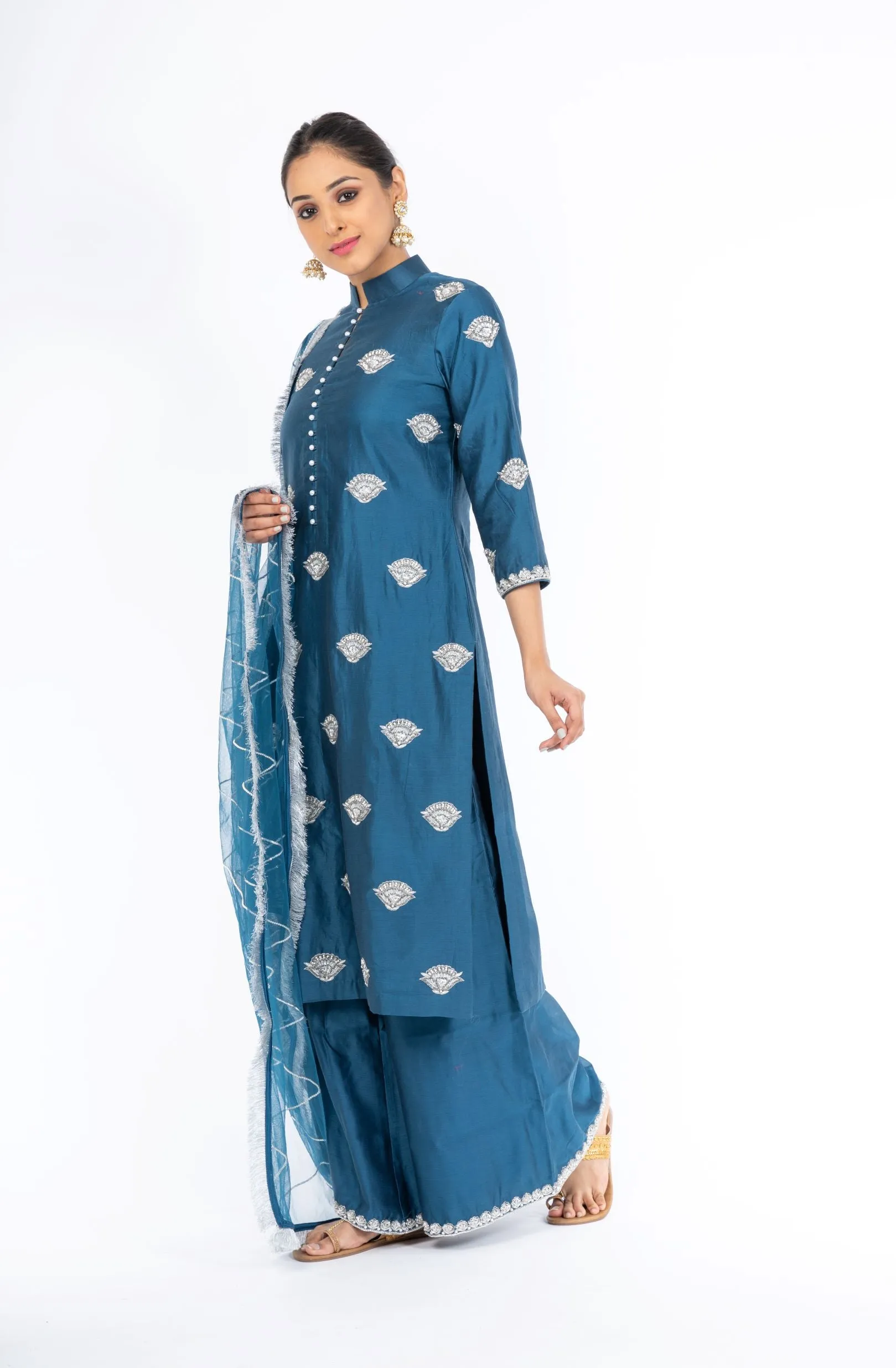 Stunning Classic Blue Chanderi Silk Kurta Set with Palazzo Pant and a Net Dupatta